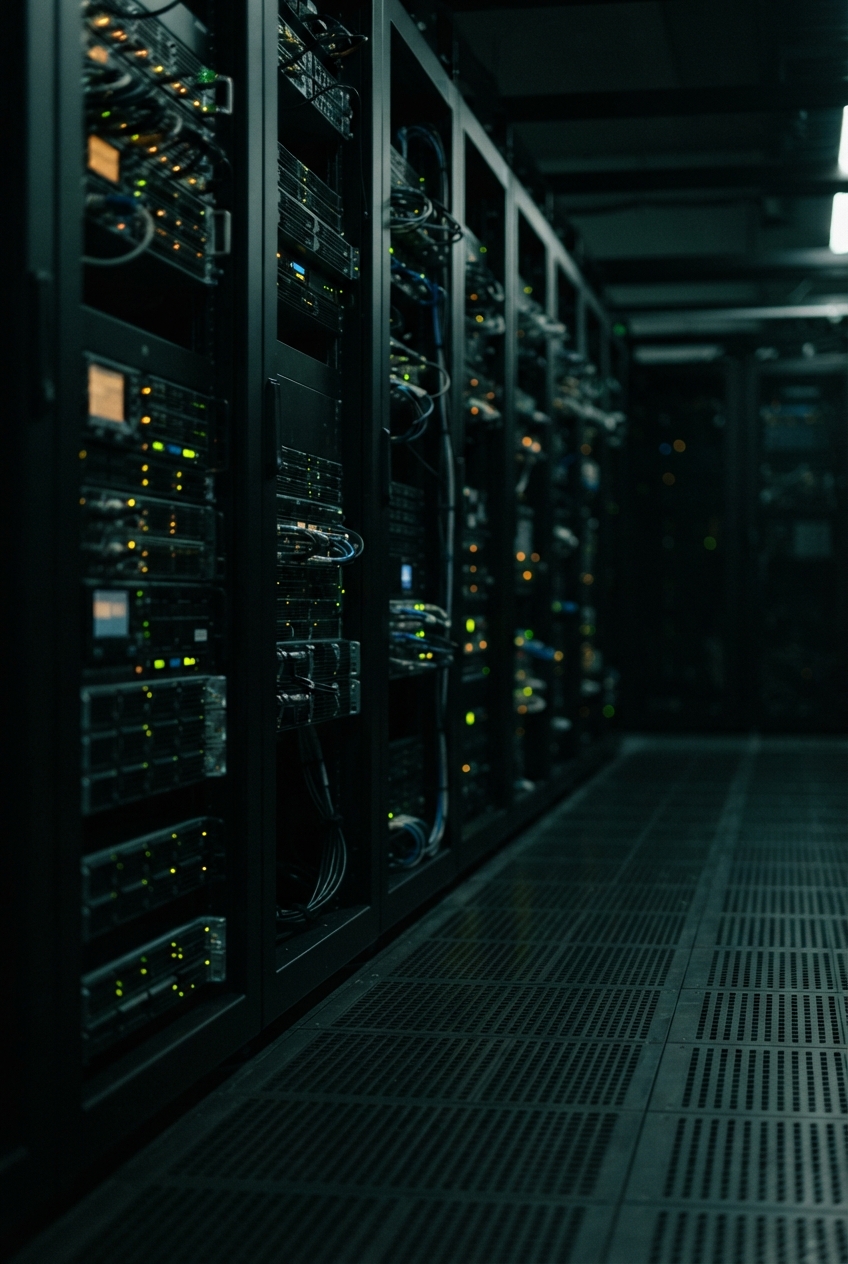Dark server-room aisle with cable-filled racks, glowing status lights, ceiling lights, and a grated floor.